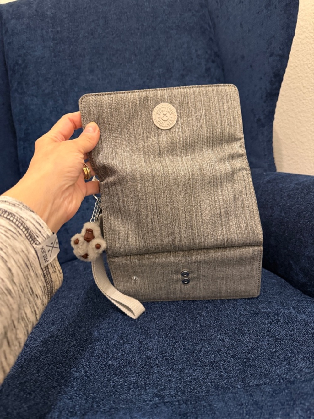 Kipling Light Gray Textured Clutch Wristlet with Pom Keychain - Picture 12 of 14